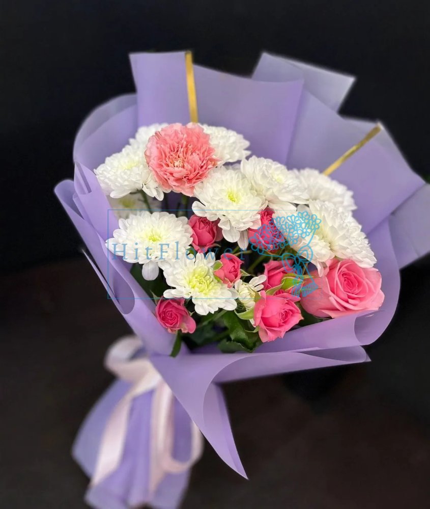 Букет цветов из: Гвоздики, Розы и Хризантемы